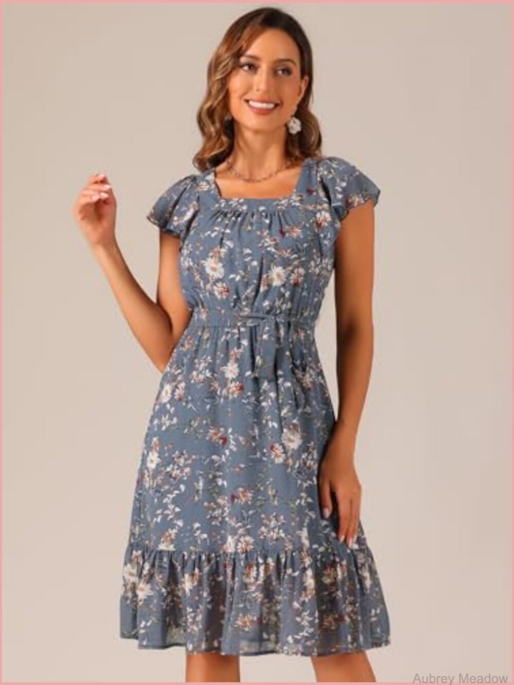 Midi Floral Chiffon Dress Flutter Sleeve Square Neck Belted Ruffled - Picture 3 of 7